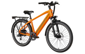 An orange Mokwheel Asphalt 2.0 48V 500W electric bike with hydraulic brakes, a rear rack, and a black seat.